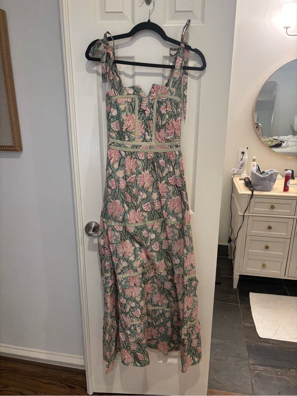 Floral Tie-Strap Maxi Dress in Green and Pink